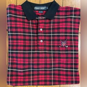 POLO Golf Ralph Lauren red tartan plaid polo shirt, size large, 100% cotton